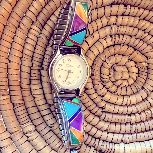 Multicolored Signed Turquoise Inlay Stone Watch Cuff - Picture 1 of 10